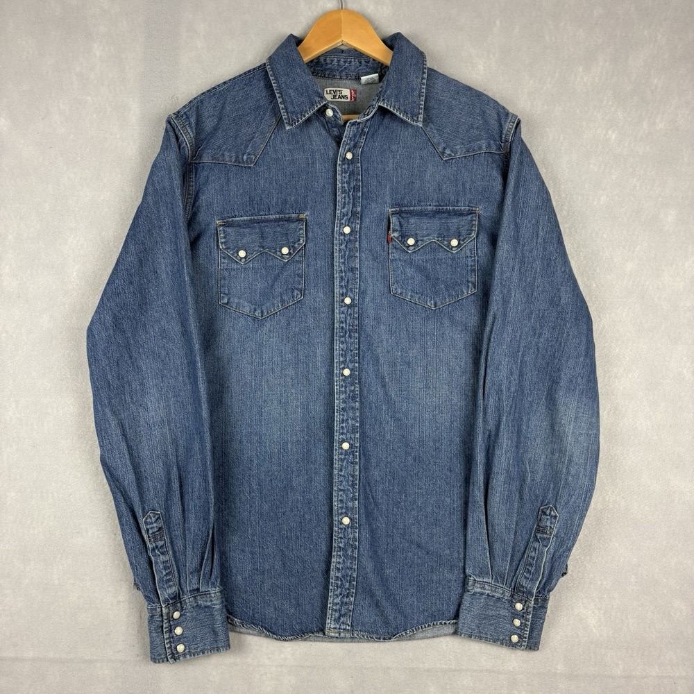 Levi’s Denim Pearl Snap Shirt Mens Large Blue Sawtooth Western Yoke Cowboy Rodeo